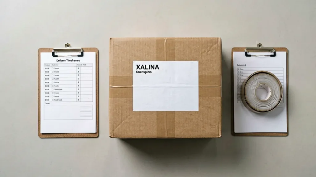 Editorial flat-lay of a sealed parcel with an Australian address label and delivery checklist for the Rovqenx delivery timeframes guide