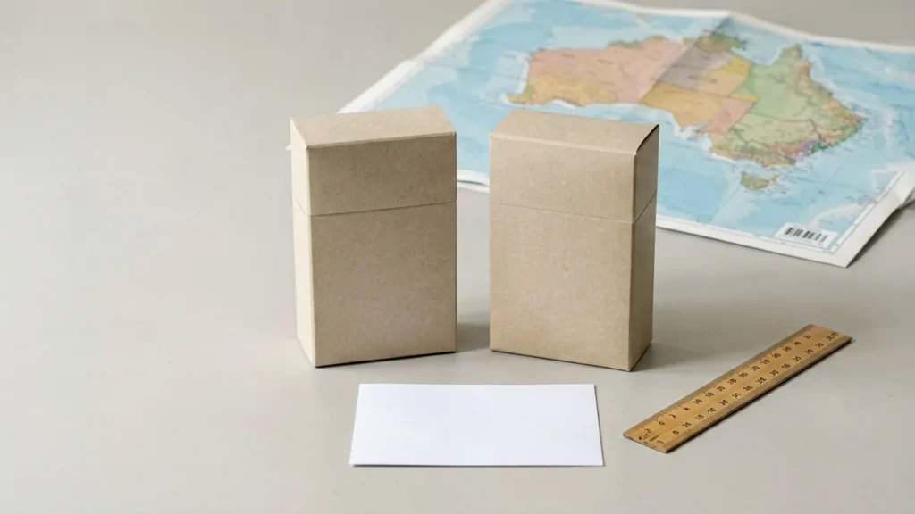 Neutral comparison still life with two plain unbranded carton-shaped boxes, a ruler and an Australia map, illustrating a Double Happiness Soft versus Soft Real catalogue comparison for adults 18+