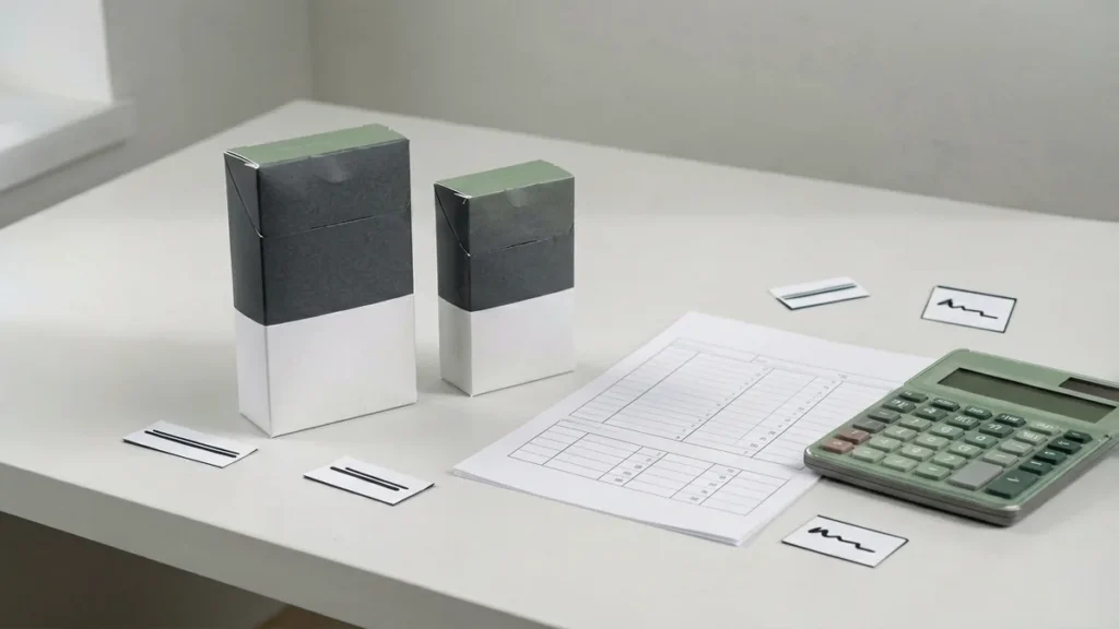 Two plain unbranded carton boxes beside a blank comparison worksheet and calculator for an adult Australian catalogue comparison