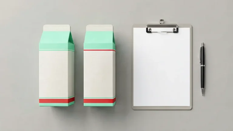 Two plain unbranded carton boxes with mint-green and red accent bands beside a comparison clipboard for the Rovqenx ESSE vs Marlboro range comparison guide