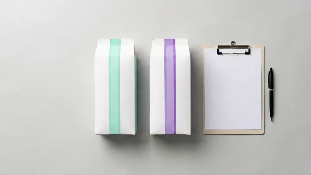 Two plain unbranded carton boxes with mint-green and purple accent bands beside a clipboard for the Rovqenx ESSE vs MEVIUS range comparison guide