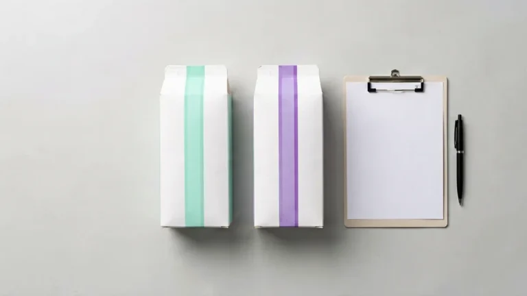 Two plain unbranded carton boxes with mint-green and purple accent bands beside a clipboard for the Rovqenx ESSE vs MEVIUS range comparison guide