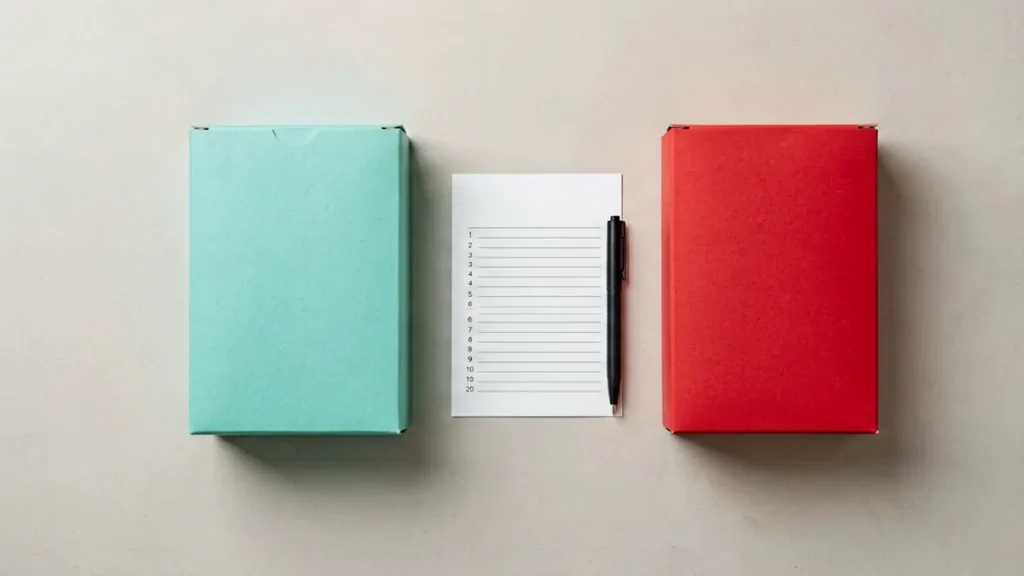 Plain unbranded mint-blue and red carton boxes beside a comparison checklist for the Rovqenx Ice Blast records guide