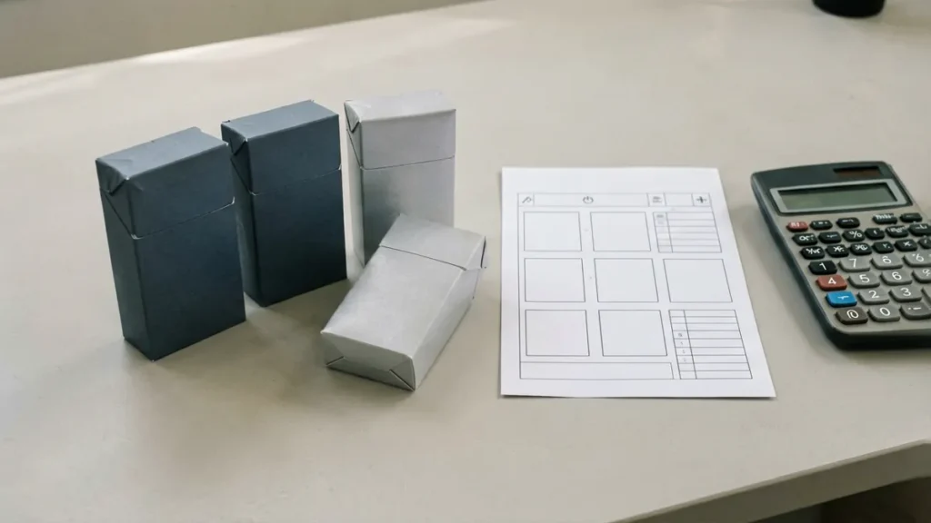 Two groups of plain unbranded carton-shaped boxes beside a blank worksheet and calculator for an adult Australian cigarette carton comparison
