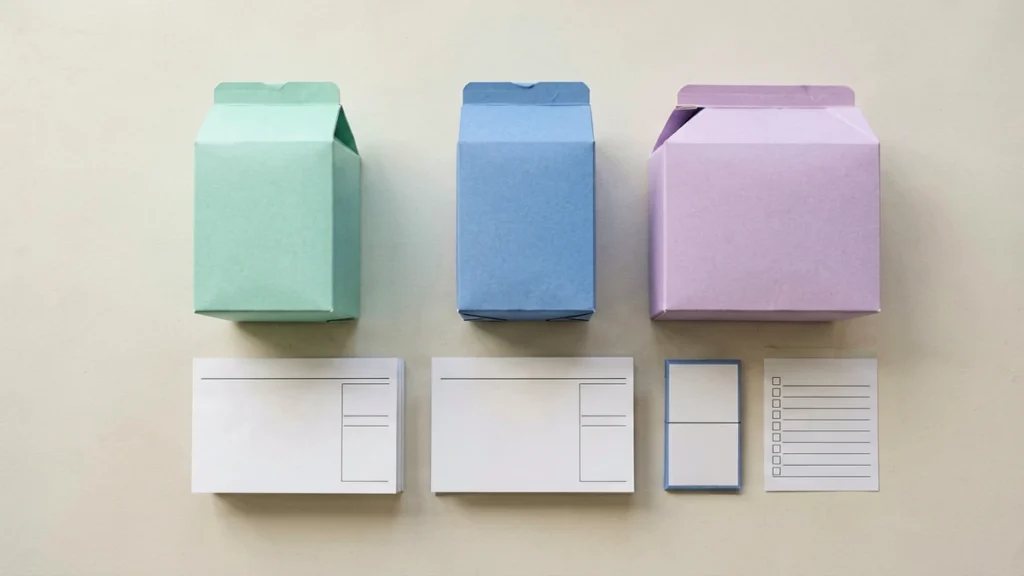 Plain unbranded mint-toned carton boxes beside catalogue record cards and a checklist