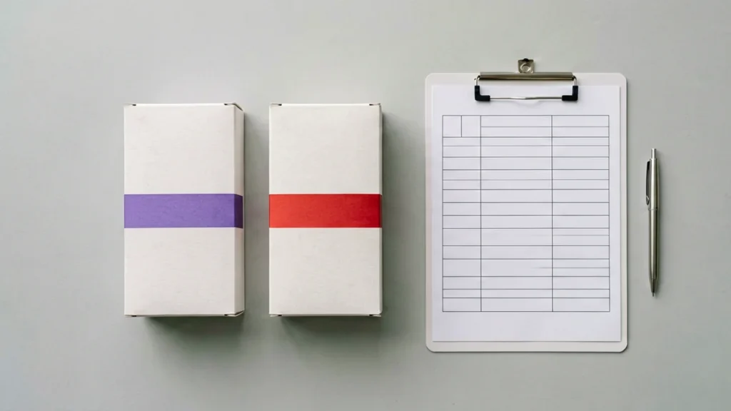 Two plain unbranded carton boxes with purple and red accent bands beside a comparison clipboard for the Rovqenx MEVIUS vs Marlboro range comparison guide