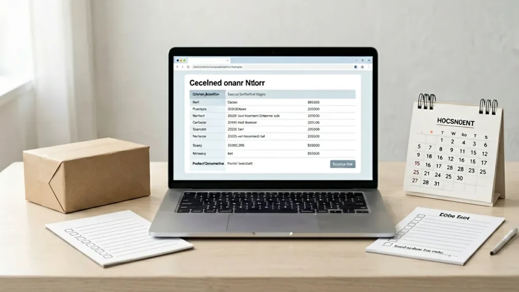 Laptop with a generic order status page beside a plain parcel, checklist and calendar for an adult Australian customer checking a Rovqenx order