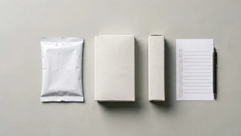 Plain unbranded soft, hard and slim box shapes beside a catalogue checklist for the Rovqenx pack-format guide