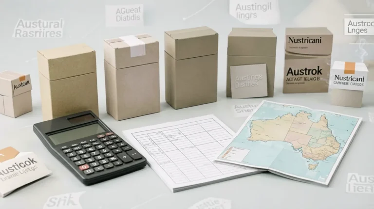 Plain unbranded carton-shaped boxes beside a calculator and blank worksheet for comparing carton prices per pack in Australia