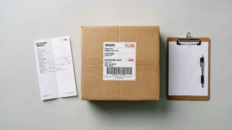 Sealed parcel box with a return shipping label and receipt for the Rovqenx returns and refunds guide