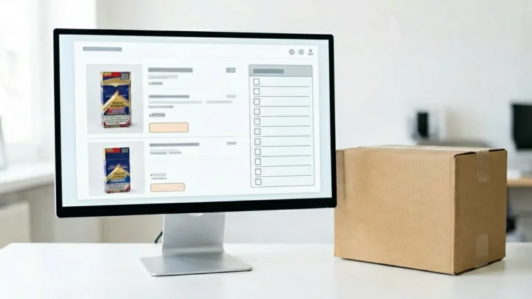 Generic online catalogue price display beside a blank checklist and an unbranded carton for adult shoppers checking a current sale price