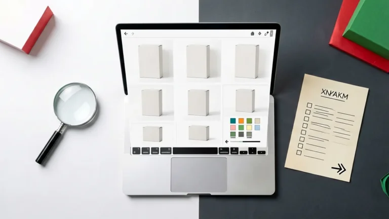Laptop with a generic product grid, magnifying glass, filter swatches and price-sort arrows for searching the Rovqenx cigarette carton catalogue for adults 18+
