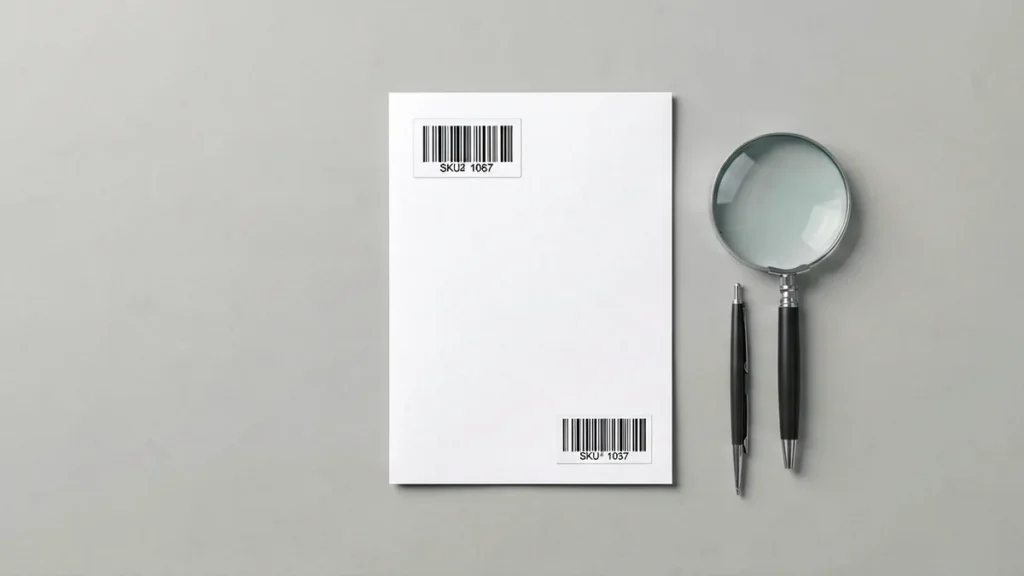 Plain unbranded catalogue record card with a SKU code label tag and a magnifying glass