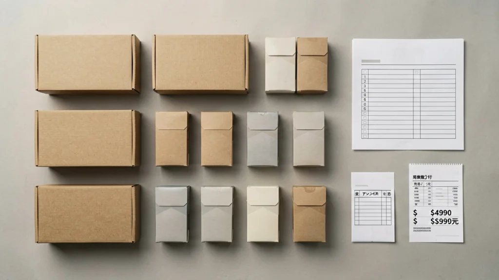 Plain unbranded carton boxes beside a catalogue checklist and receipt showing a price comparison