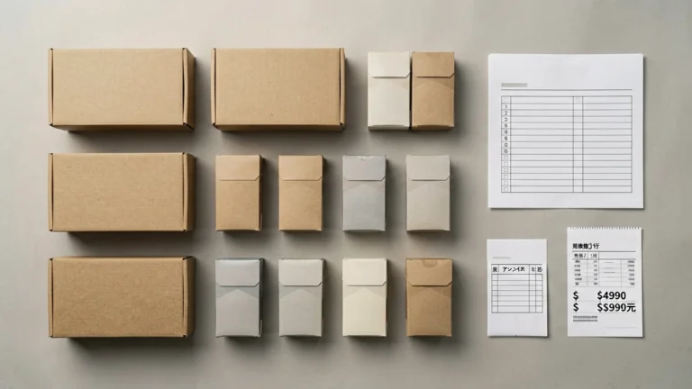 Plain unbranded carton boxes beside a catalogue checklist and receipt showing a price comparison