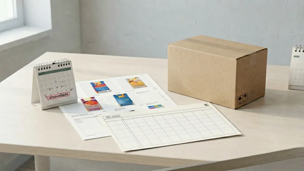 Generic unavailable product listing beside a blank comparison worksheet, unbranded carton-shaped box and calendar for an adult Australian catalogue support guide