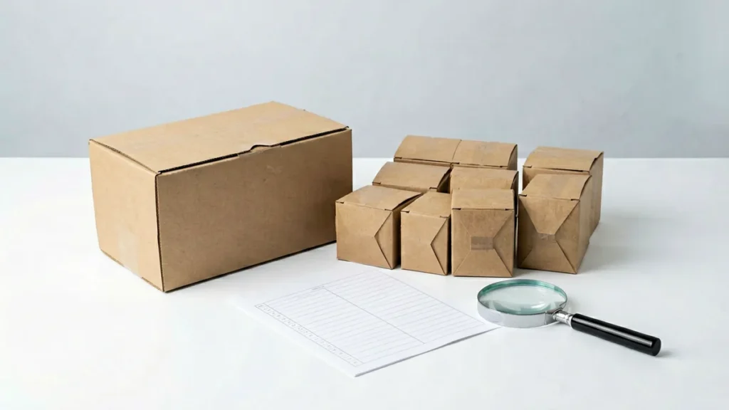 One plain outer carton beside ten unbranded pack-sized boxes and a catalogue record